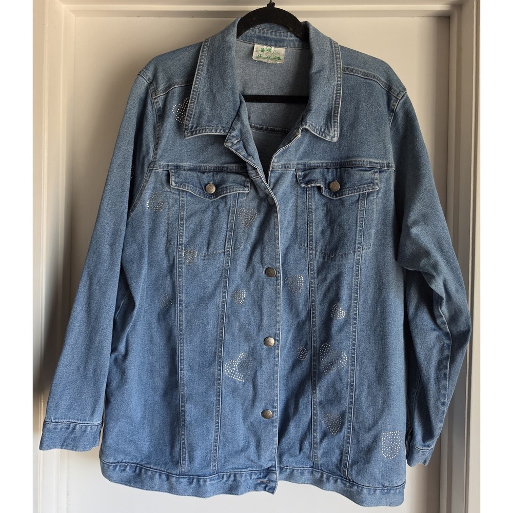VTG Quacker Factory Women Denim Jacket Blue Embellished Long Sleeve Jean Heart